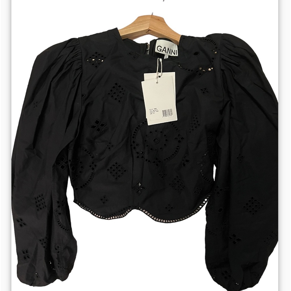 NWT GANNI Cropped broderie anglaise cotton blouse Sz 32.Equivalent toUS XXS or 0 - Picture 8 of 13